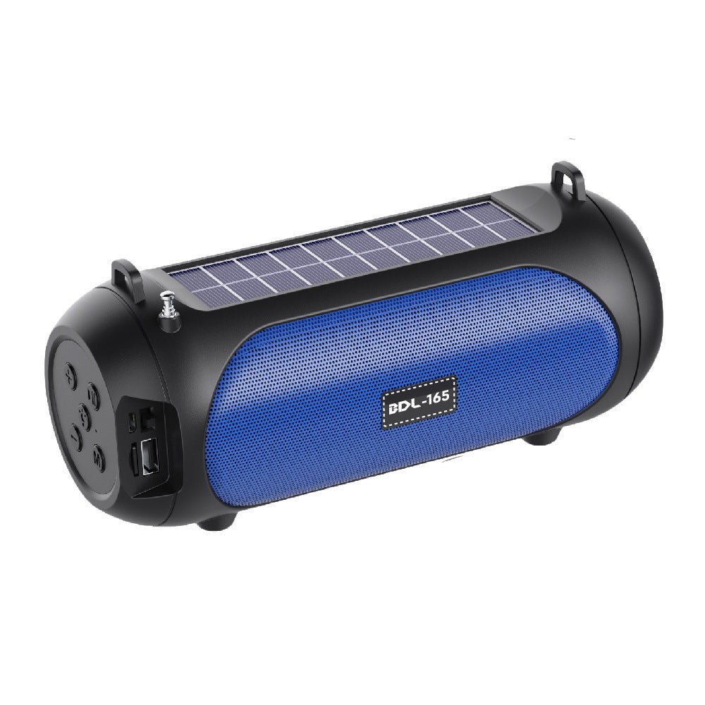 Blue cylindrical solar-powered speaker with a black top on a white background