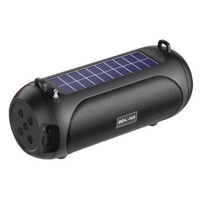 Black cylindrical solar-powered device with a visible brand logo on a white background