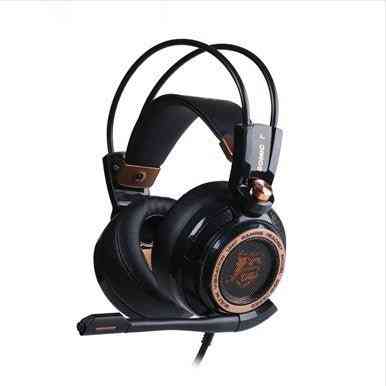 Black gaming headset with brown accents on a white background