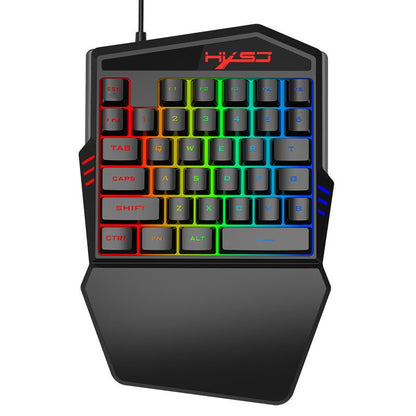 Single-handed gaming keyboard with RGB backlighting on a white background