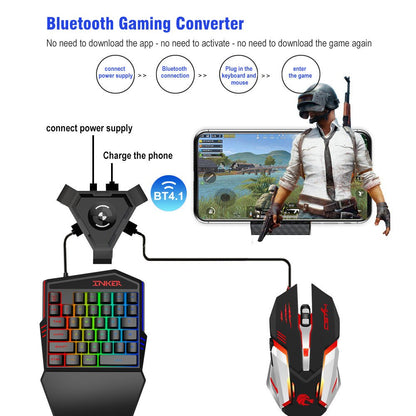 Bluetooth gaming converter with keyboard and mouse setup on a white background