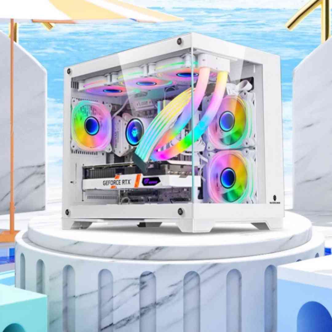 Panoramic Glass 360 Water-Cooled Desktop Computer Host on a marble base with a blue and white abstract background