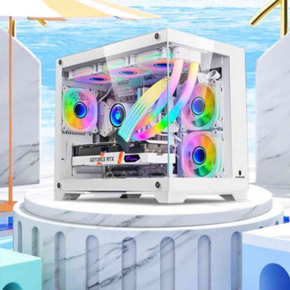 Panoramic Glass 360 Water-Cooled Desktop Computer Host on a marble base with a blue and white abstract background