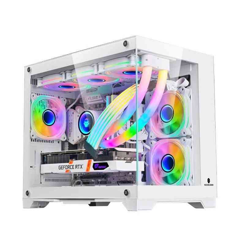 Computer case with RGB lighting and visible components on a white background
