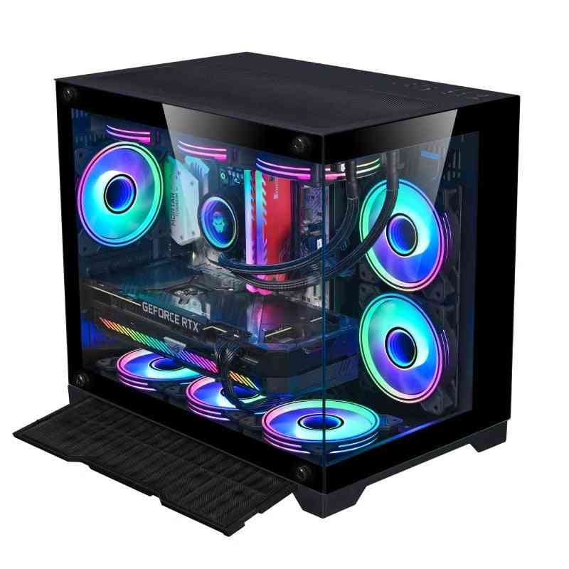 Glossy black computer case with RGB lighting on a white background