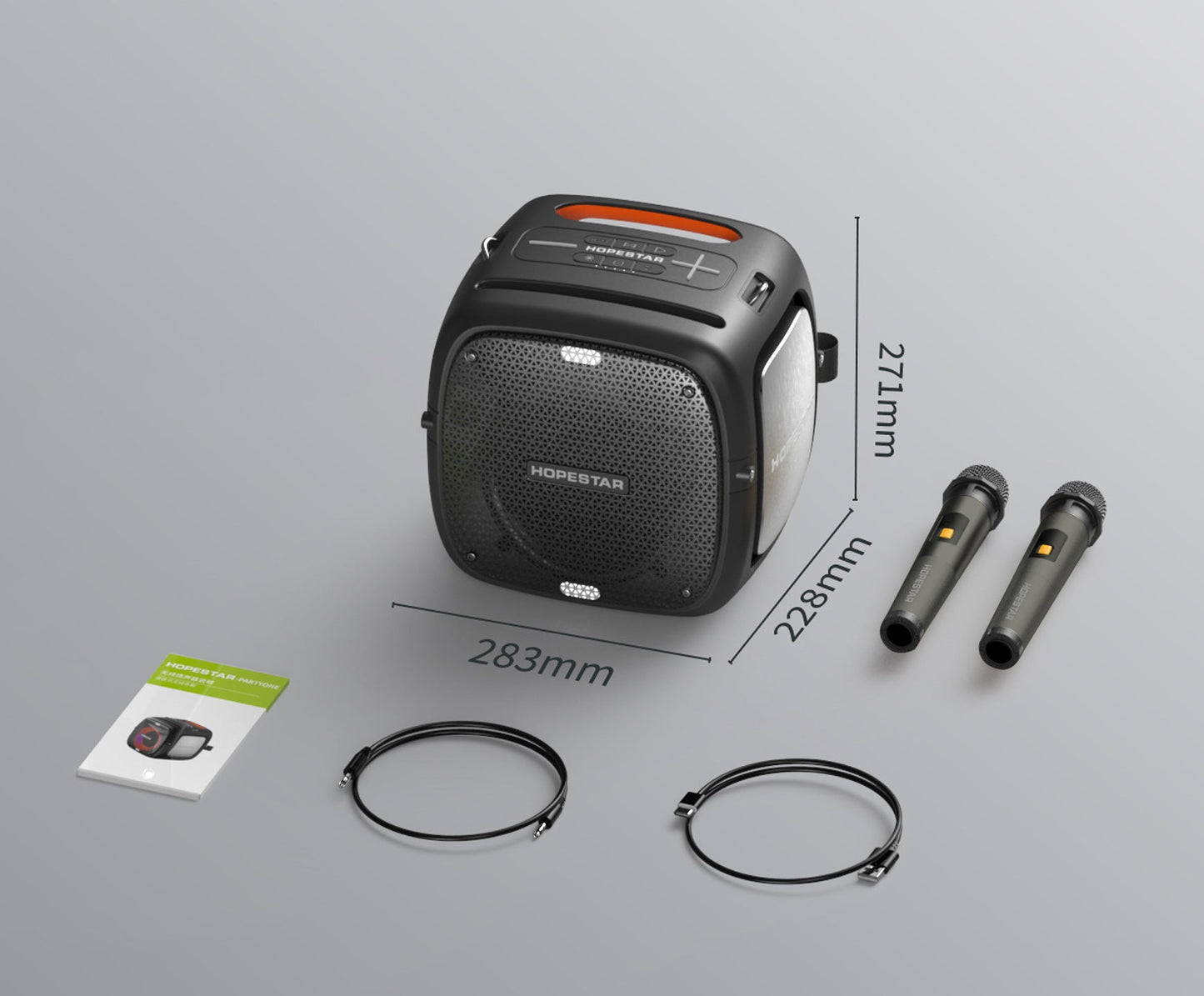 Hopestar portable speaker with measurement details on a gray background