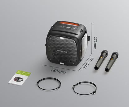 Hopestar portable speaker with measurement details on a gray background