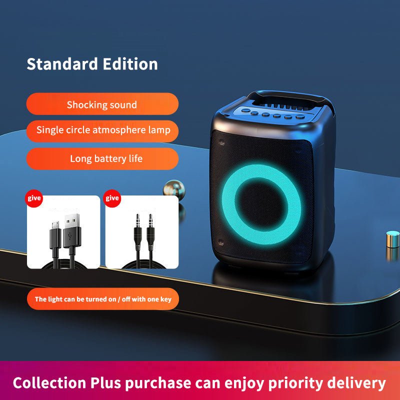Portable speaker with green light on a dark surface, featuring text about features and purchase benefits.