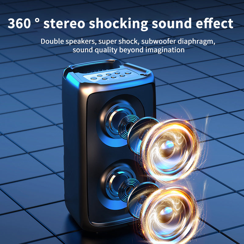 Bass speaker with 360-degree stereo shocking sound effect on a blue tiled background