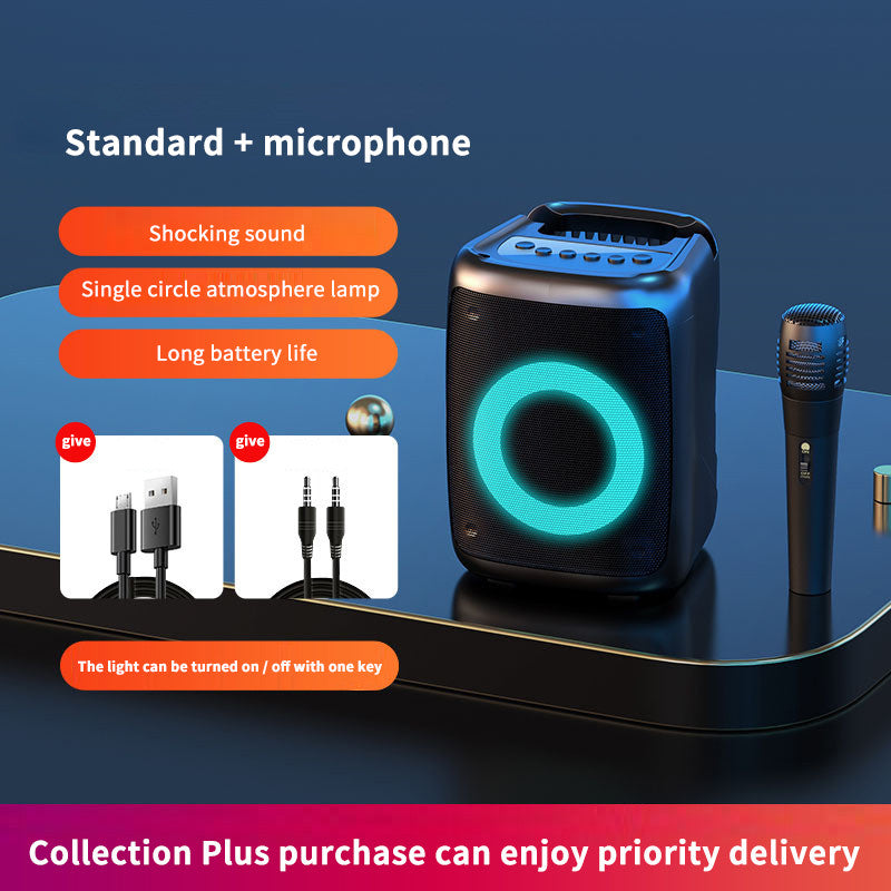 Black speaker with green light and microphone on a blue platform, with text highlighting features.
