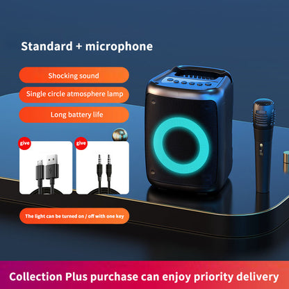 Black speaker with green light and microphone on a blue platform, with text highlighting features.