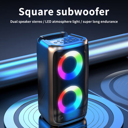 Square subwoofer with LED lights on a dark background