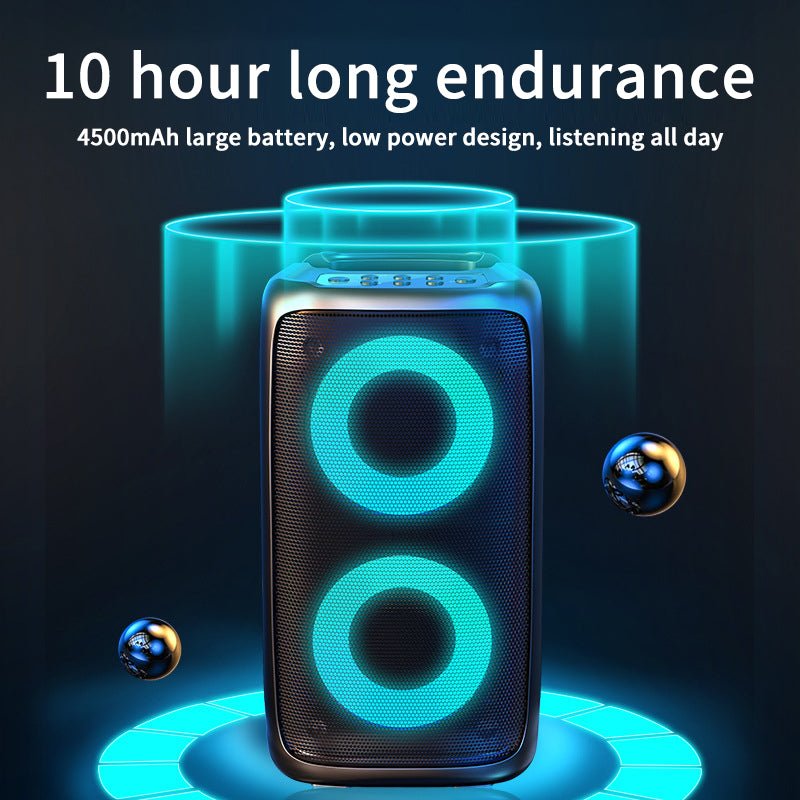 Portable speaker with blue lights on a dark background, highlighting 10-hour endurance and 4500mAh battery.