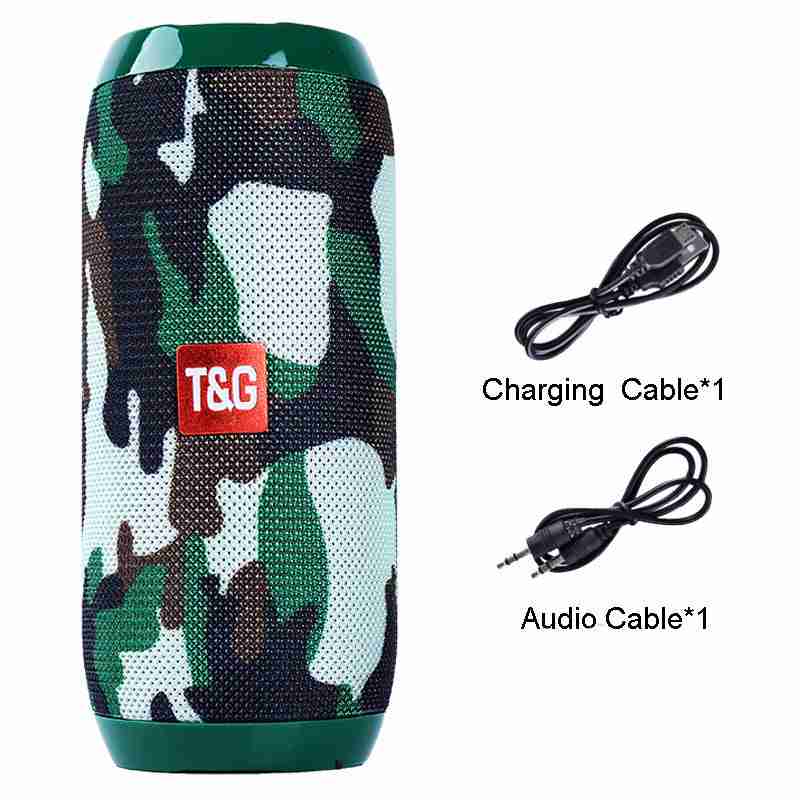 Camouflage-patterned speaker with T&G logo, charging cable, and audio cable on a white background