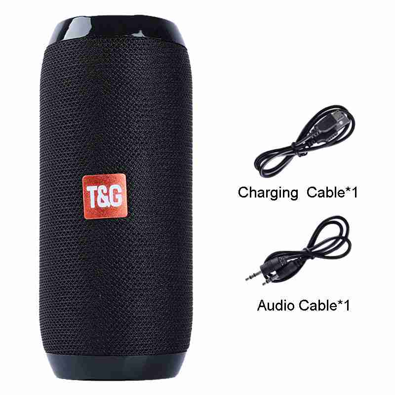 Black portable speaker with T&G logo, charging cable, and audio cable on a white background