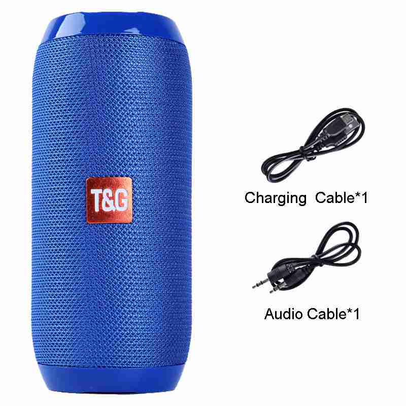 Blue portable speaker with T&G logo, charging cable, and audio cable on a white background