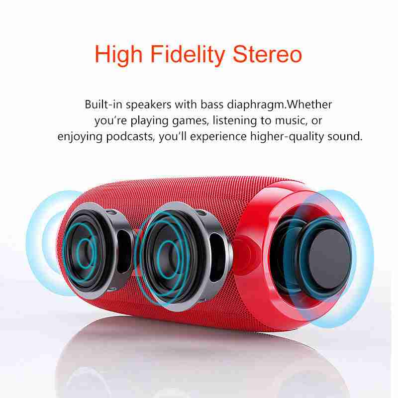 Red portable speaker with text about high fidelity stereo and built-in speakers on a white background