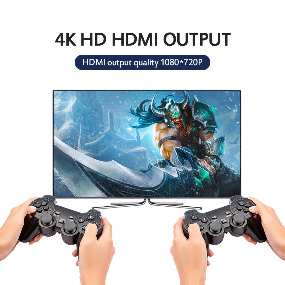 Two hands holding gaming controllers with a screen displaying a fantasy character, emphasizing 4K HD HDMI output.