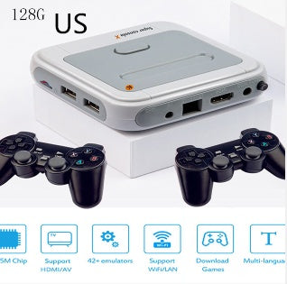Gaming console with controllers on a white background