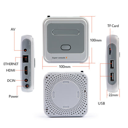 Technical diagram of a Super Console X with labeled ports and dimensions on a white background