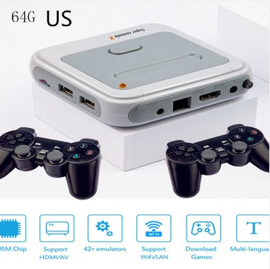 Gaming console with controllers on a white background