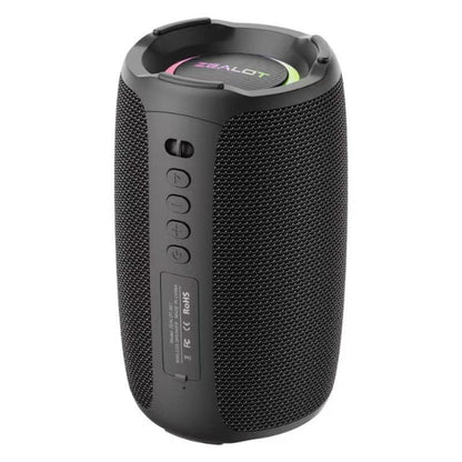 Black portable speaker with visible brand logo on a white background