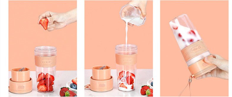 Three-step process of using a portable blender with ingredients on a peach background