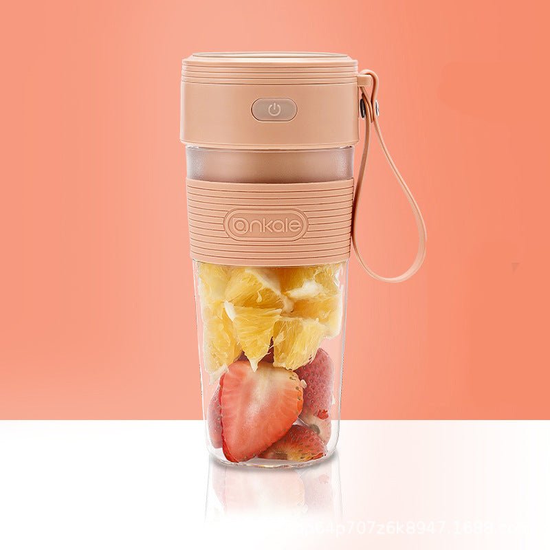 Portable fruit juice maker with fruits inside on a peach background