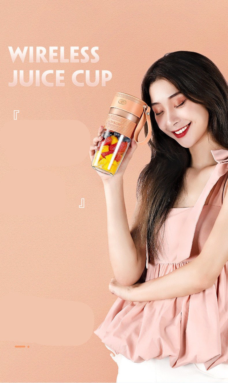 Woman holding a wireless juice cup with fruits against a peach background