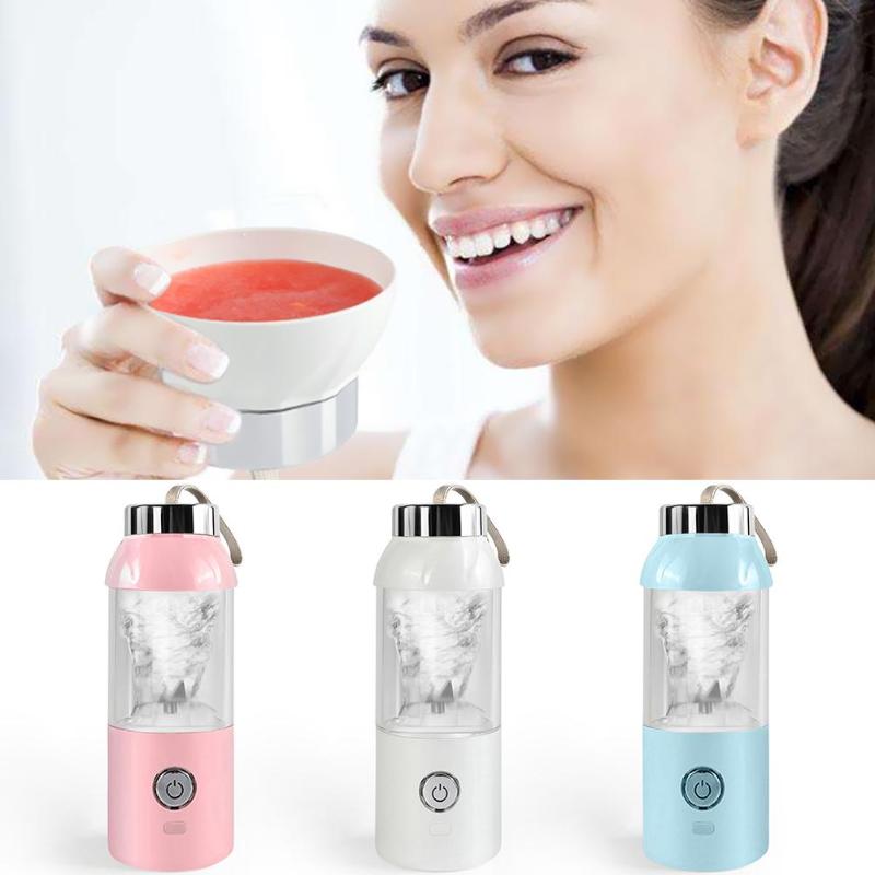 Woman holding a blender with a close-up of the blender and three different colored blenders on a white background.