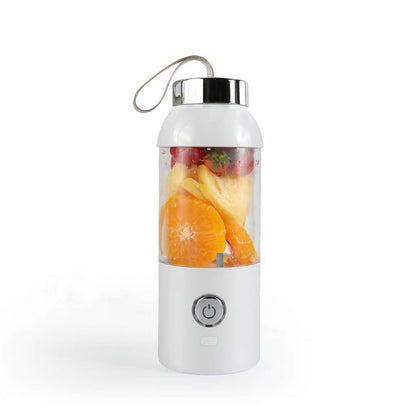 Portable blender with fruits inside on a white background
