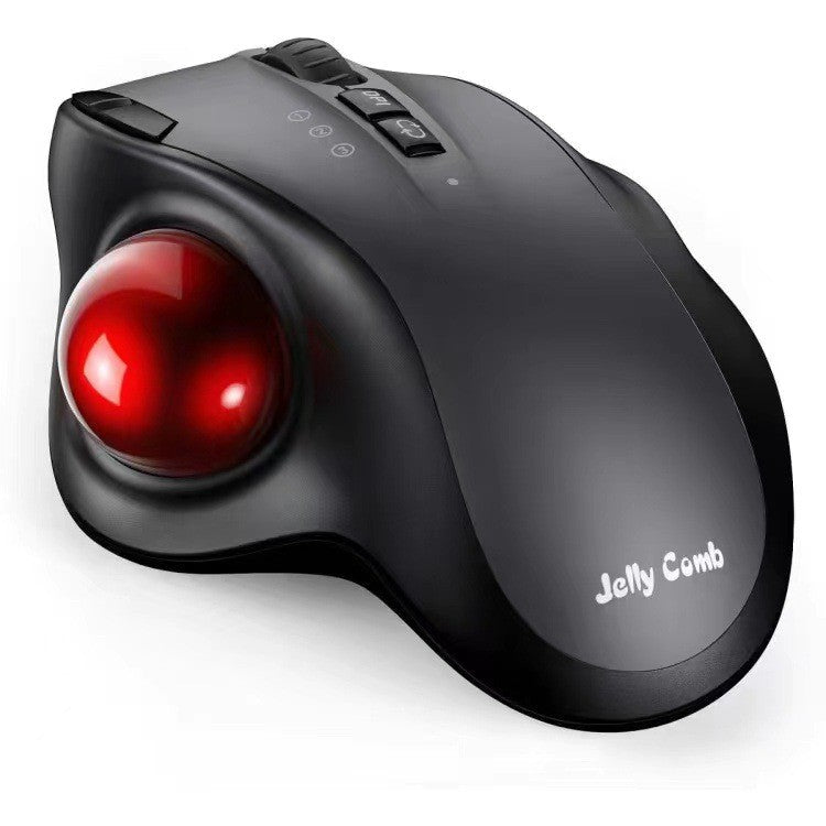 Black trackball mouse with a red ball on a white background, branded 'Jelly Comb'.