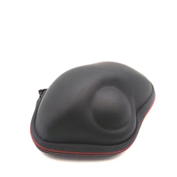 Black ergonomic mouse pad with red stitching on a white background