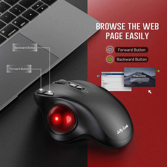 Black computer mouse with red trackball on a laptop keyboard, with text about browsing the web.