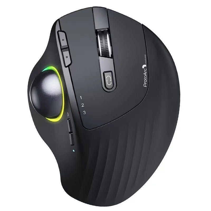 Black ergonomic mouse with a trackball on a white background