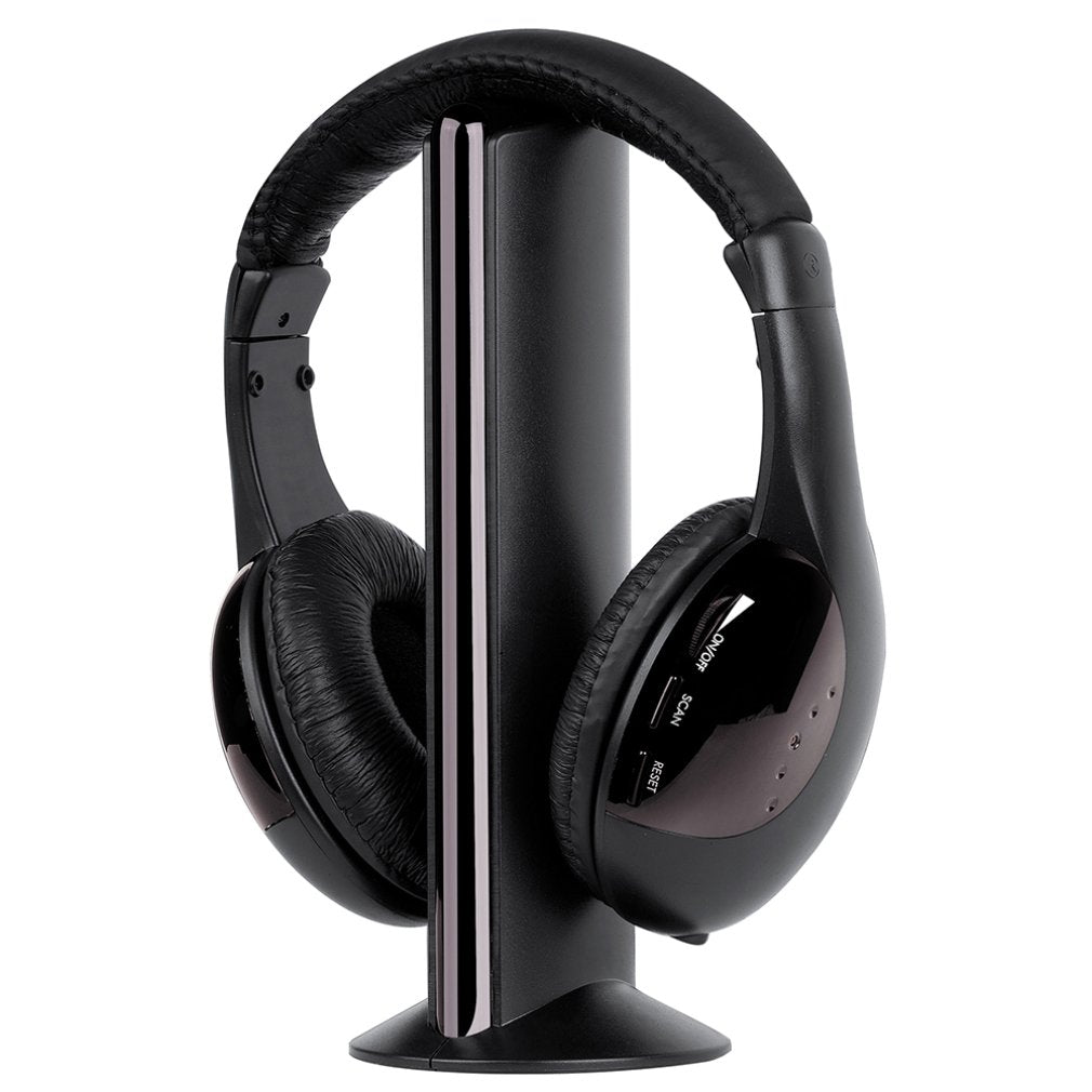 Black headphones on a stand against a white background