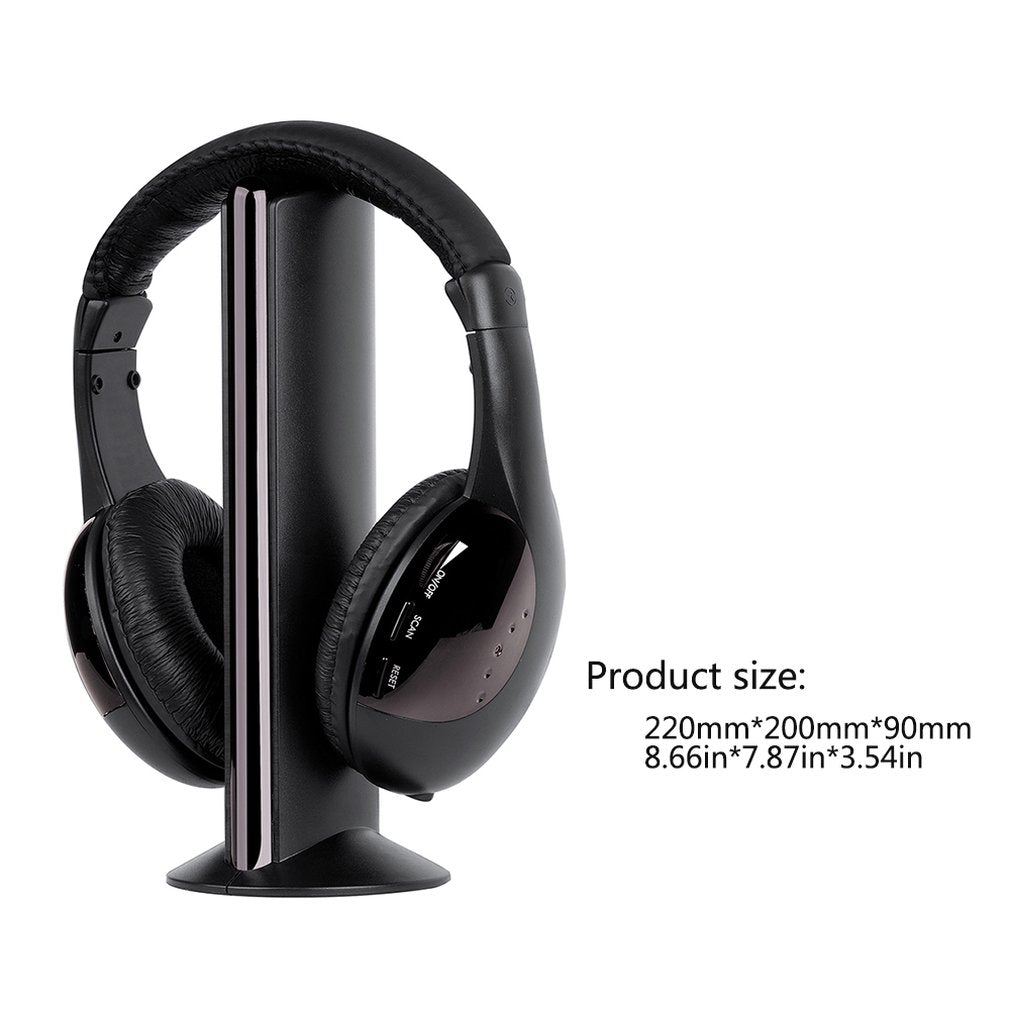 Black headphones on a white background with product size information.