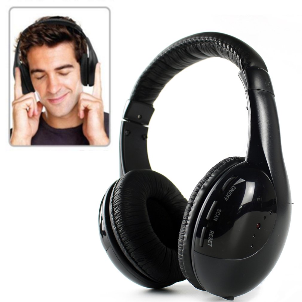 Black headphones with a man wearing them inset on a white background
