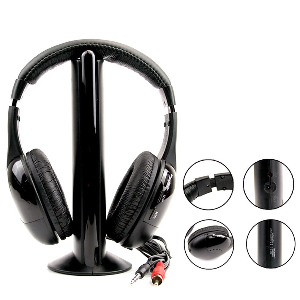 Black headphones with a stand and close-up insets on a white background