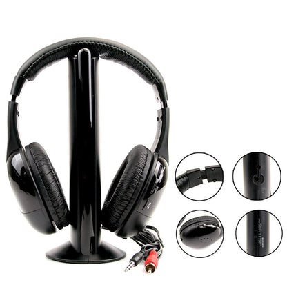 Black headphones with a stand and close-up insets on a white background