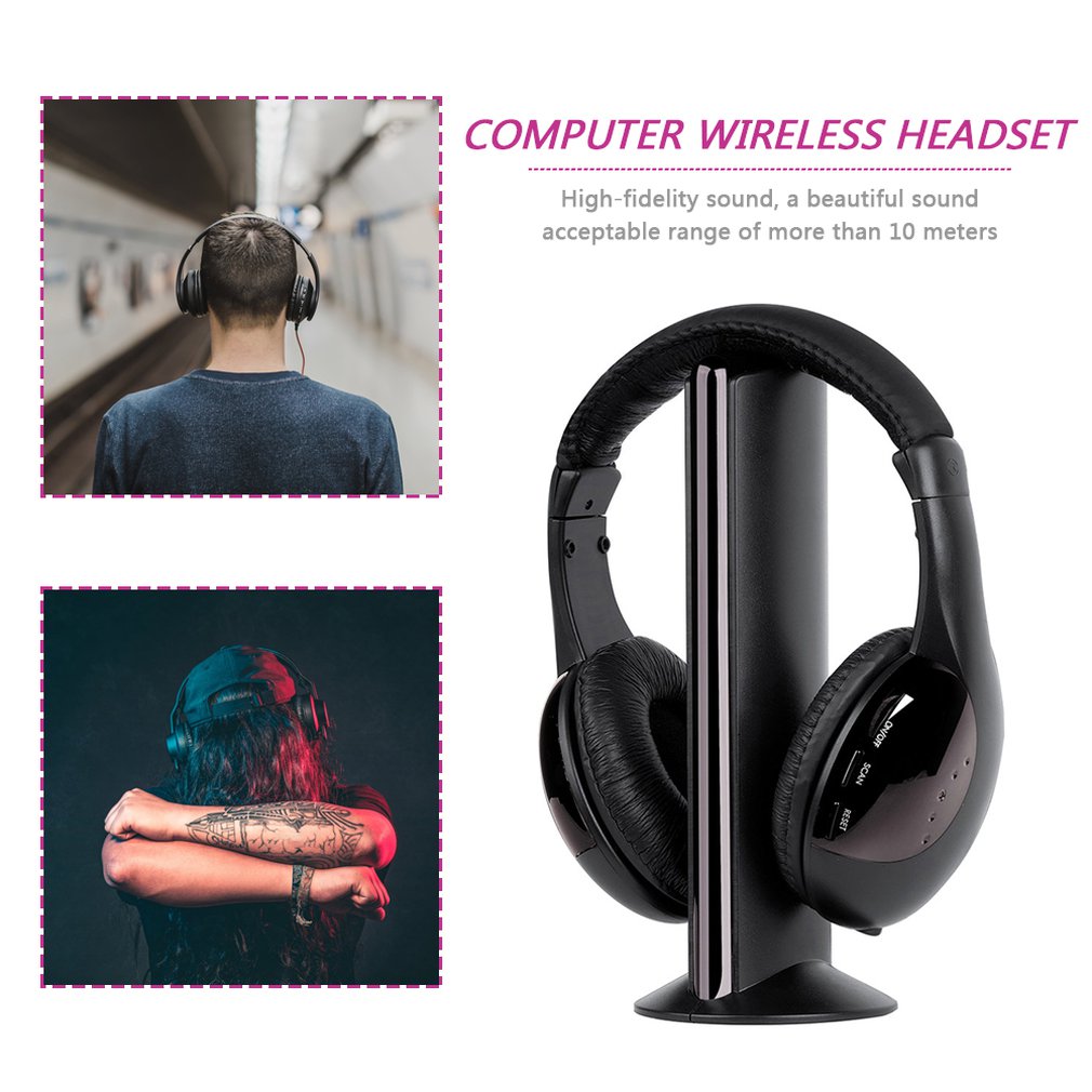 Black computer wireless headset with text on high-fidelity sound and range.