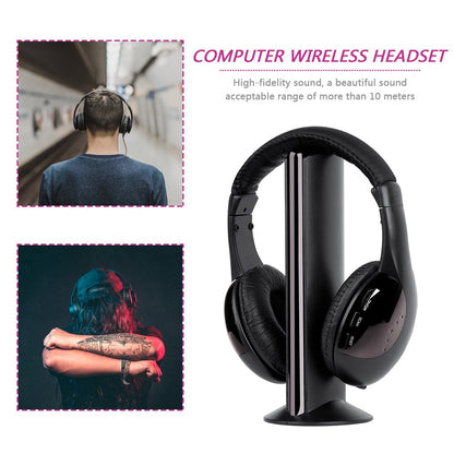 Black computer wireless headset with text on high-fidelity sound and range.