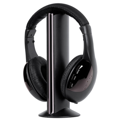 Black headphones on a stand against a white background
