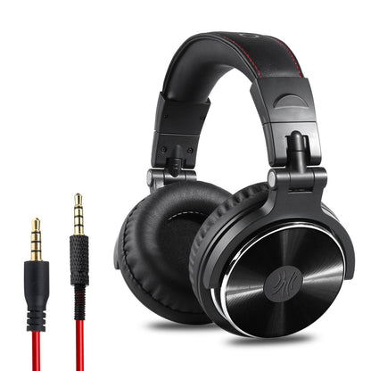 Black headphones with a cable on a white background