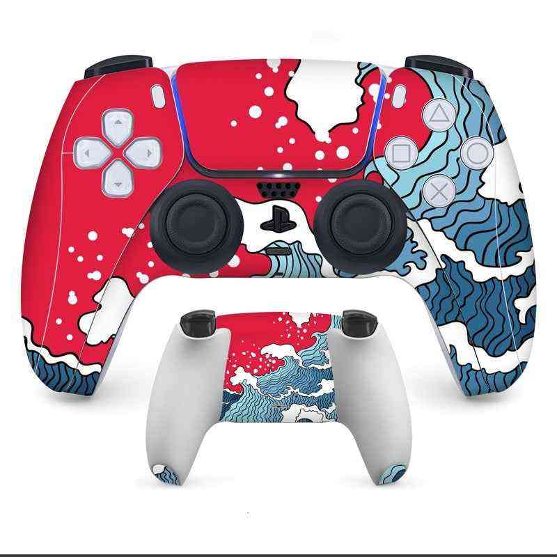 Gaming controller with red, white, and blue wave design on a white background