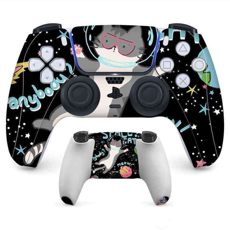 Pair of gaming controllers with a cat-themed design on a white background