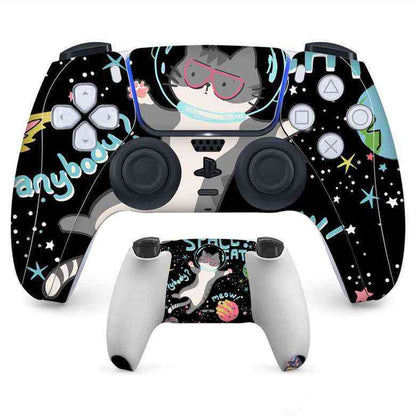 Pair of gaming controllers with a cat-themed design on a white background