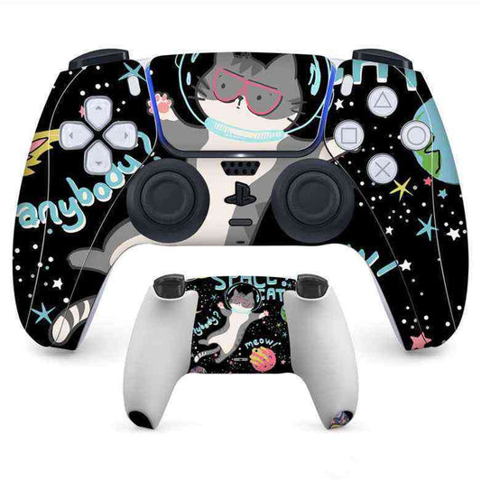 Pair of gaming controllers with a cat-themed design on a white background