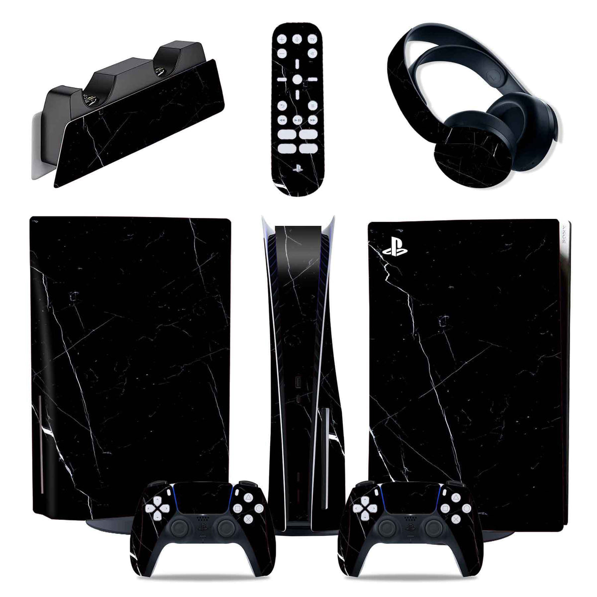 Gaming console and accessories with black marble design on a white background