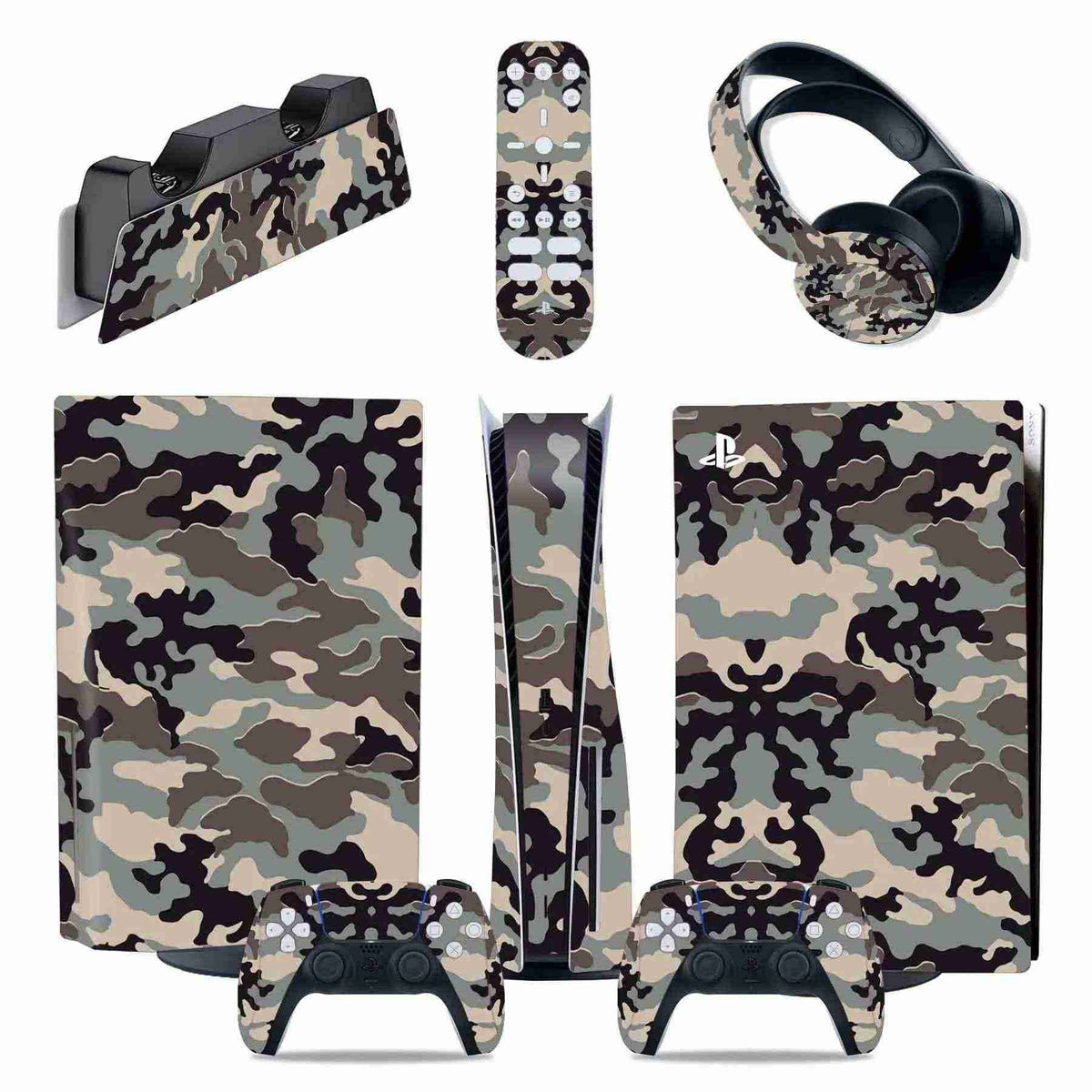Camouflage-patterned gaming console and accessories on a white background